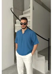 Livio Ferri قميص Soro رجالي كبير الحجم ذو مظهر كتان وأكمام قصيرة وياقة نصف فتحة