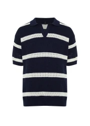  Collection تي شيرت بولو مخطط من القطن باللون الأزرق الداكن - إصدار محدود من TMNSS24PO00004