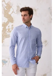 RAVANELLI Giza Men's Striped Slim Fit Shirt - Blue-White, Linen Look Cotton, Buttoned Collar