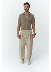 MAİ COLLECTİON Kenway Men's Beige Trousers with Lace Detail