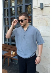 Livio Ferri Soro Men's Oversize Linen Look Short Sleeve Court Collar Half Placket Shirt