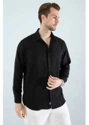 YXC Trend Maker قميص رجالي من الكتان ذو مقاس كبير من القطن ذو مقاس مريح باللون الأسود