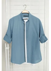  Collection Blue Slim Fit Cotton Shirt with Epaulettes - TMNSS20GO0189