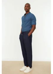  Collection Navy Blue Linen Look Elastic Waist Tied Trousers - Tmnss20Pl0547