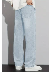 THE RULE Men's Light Blue Baggy Elastic Waist Lycra Straight Leg Loose Fitting Stretchy Jean Denim Jeans Pants Rf0484