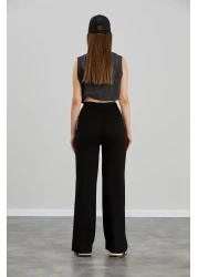 Alos Women's Black Modal Wide Leg Striped High Waist Soft Textured Lycra Trousers with Elastic Waist