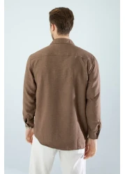 YXC Trend Maker Seasonal Linen Textured Long Sleeve Oversize Men's Shirt (Product Is Wide Fit) Dark Brown