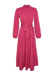  Modest Dark Pink Belted Chief Collar Button Detail Woven Dress TCTSS21EL3343