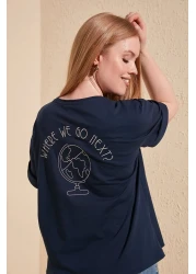  Collection Navy Blue 100% Cotton Back Embroidered Relaxed/Wide Relaxed Cut Crew Neck Knitted T-Shirt TWOSS20TS0121