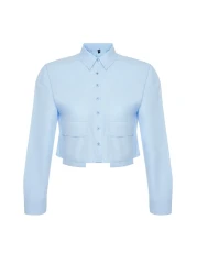  Collection قميص قصير منسوج باللون الأزرق - تفاصيل الجيب، مقاس عادي TWOSS24GO00098