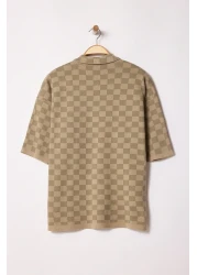  Collection تي شيرت بياقة بولو كبيرة الحجم من فرو المنك منقوش/مربعات برقبة بولو TMNSS25PO00035