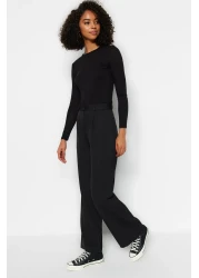  Collection بنطال أسود عالي الخصر بأرجل واسعة/أرجل واسعة من القماش المنسوج بطيات TWOAW21PL0076