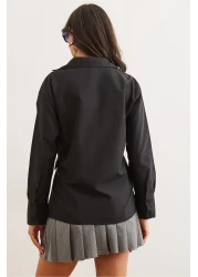 Olalook Women's Black Shirt Collar Belt Detail Shirt Gml- 19001277