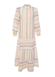  Modest Linen Look Woven Dress with Multi-Colored Striped Skirt and Ruffles TCTSS24EB00105
