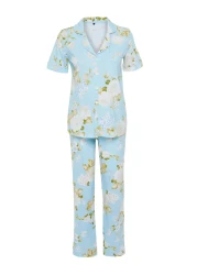  Collection Blue 100% Cotton Floral Print Knitted Pajamas Set Thmss20Pt0062