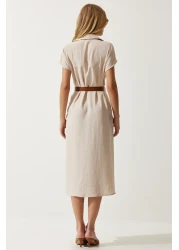 Happiness İstanbul Women's Cream Belted Woven Dress MX00155