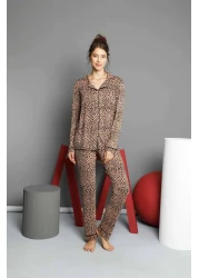 Siyah İnci Women's Leopard Cotton Buttoned Pijama Set