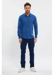 DeepSea قميص رجالي من الليكرا بقصة ضيقة باللون الأزرق الداكن - بأكمام طويلة وأزرار كبس2403013