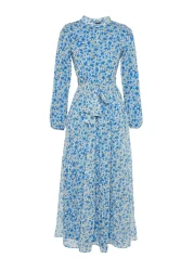  Modest Light Blue Floral Print Belted Stand Collar Lined Chiffon Woven Dress TCTSS21EL3346