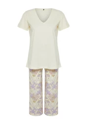  Collection Knitted Capri Pajama Set - Yellow Floral Pattern THMSS24PT00210