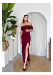Afiş Butik Burgundy Madonna Collar Floral Embroidered Slit Long Dress