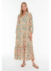  Modest Orange Floral Half Placket Skirt Tip Ruffle Lined Woven Dress TCTSS21EL3353