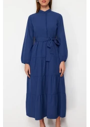  Modest Saks Belted Chief Collar Button Detail Woven Dress TCTSS21EL3343