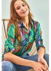 Bianco Lucci قميص فيسكوز نسائي مطوي وأكمام منقوشة بأوراق متعددة