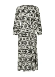  Modest Black Patterned Belt Detailed Crinkle Woven Dress TCTSS24EB00233