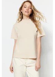  Collection تي شيرت منسوج بياقة واقفة أساسي من القطن بنسبة 100% مكون من قطعتين باللون البني والبيج TWOSS20TS1500