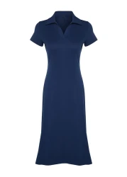  Collection Navy Blue Polo Neck Skater/Waist Opened Cotton Stretchy Knitted Midi Dress TWOSS24EL00480