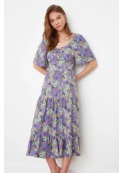  Collection فستان منسوج متوسط الطول بطبعة زهور وأكمام بالون على شكل حرف A باللون الأرجواني TWOSS20EL2323