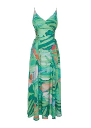  Collection فستان شاطئ طويل منسوج بطباعة استوائية باللون الأخضر TBESS24EL00098