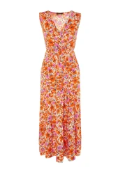  Collection فستان برتقالي منقوش بياقة على شكل حرف V بدون أكمام على شكل حرف A فستان محبوك طويل TWOSS22EL1588