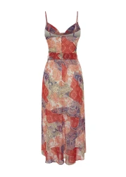  Collection Multicolor Belted Tassels Shawl Pattern A-line/Bell Form Maxi Lined Woven Dress TWOSS23EL01777