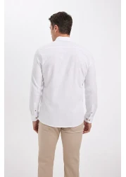 Defacto Modern Fit Buttoned Polo Neck Linen Look 100% Cotton Long Sleeve Shirt T6284Azns