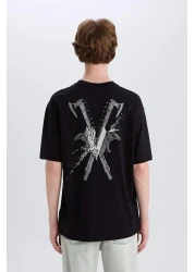 Defacto تي شيرت 100% قطن الفايكنج فالهالا بوكسي بياقة دائرية وطباعة خلفية وأكمام قصيرة E3277AX25SM