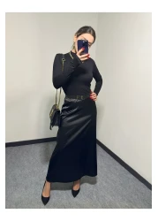 Ezva Women's Stylish Satin Belt Elastic 85 cm Flared Maxi Length Skirt