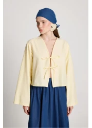 minaaise Women's Yellow Poplin Front Tie Blouse 29085