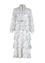  Modest Blue Belted Lined Chiffon Floral Woven Dress TCTSS24EB00024