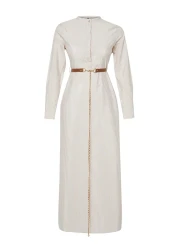  Modest Beige Striped Belt Detailed Woven Dress TCTSS24EB00171