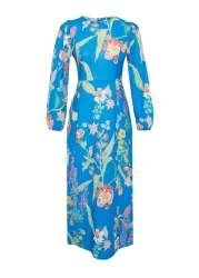  Modest Saks Floral Patterned Woven Linen Look Dress TCTSS24EB00102