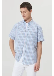 AC&Co / Altınyıldız Classics قميص قطني مخطط بقصة مريحة وقصة مريحة باللونين الأبيض والأزرق للرجال