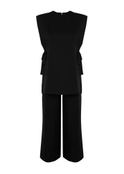  Modest Black Linen Look Side Tie Woven Bottom Top Set TCTSS24US0001