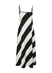  Collection فستان طويل أسود مطبوع على شكل حرف A - حزام قابل للتعديل، تفاصيل ملفوفة TWOSS24EL00060