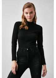  Collection Black Fitted High Collar Long Sleeve Ribbed Stretchy Knitted Blouse TWOAW21BZ0423