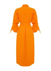  Modest Orange Belted Sleeves Adjustable Detail Button Cotton Woven Shirt Dress Tctss23Eb00365