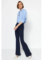  Collection Navy Blue Spanish Leg Flare Woven Fabric Trousers Tofaw19Bb0581