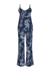  Collection Navy Blue Tiger Patterned Rope Strap Viscose Woven Pajamas Set Thmss24Pt00127