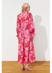  Modest Red Floral Printed Plus Size Elastic Woven Dress TCTSS24EB00109